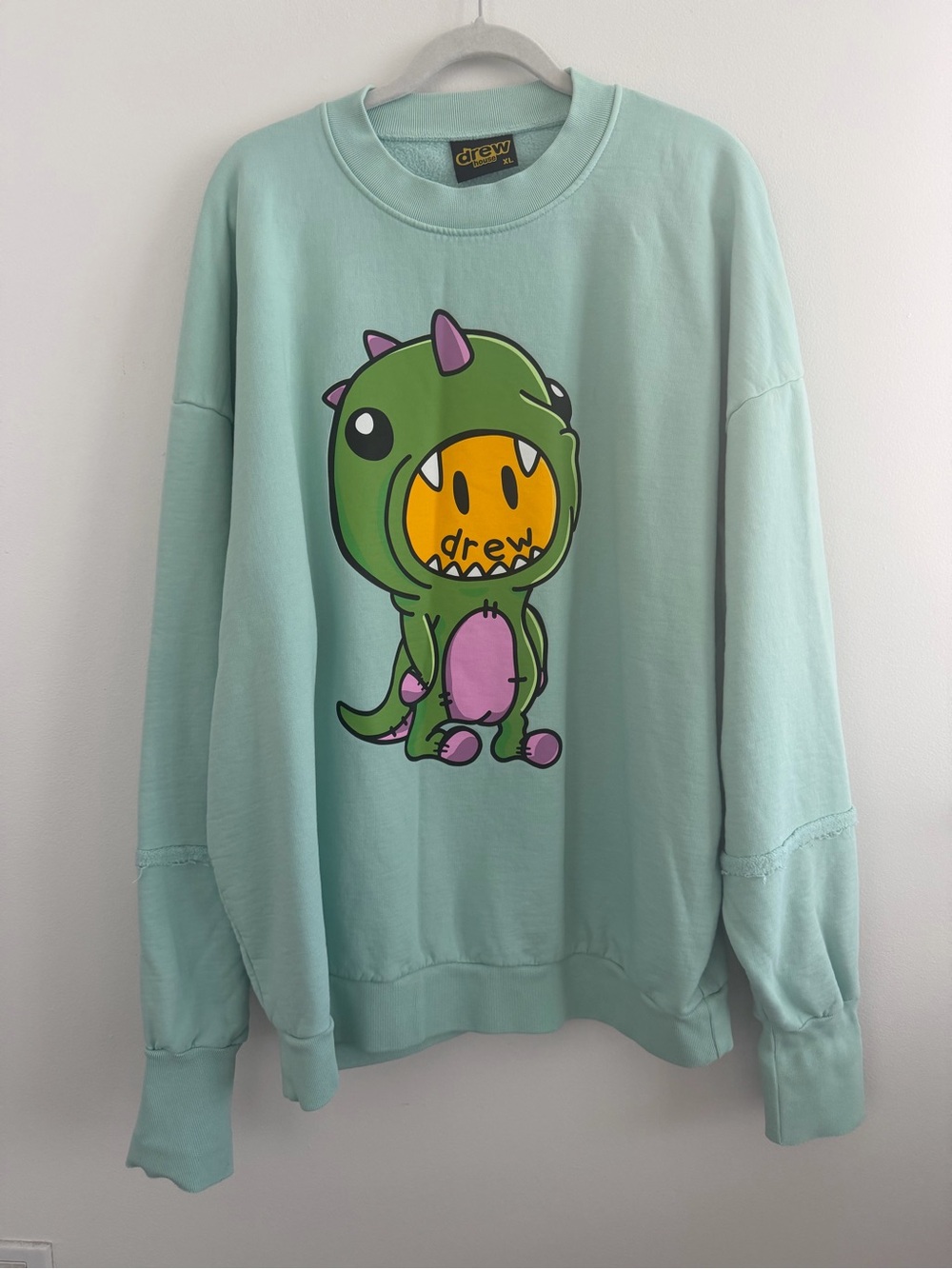drew house Mint Green Crewneck with Dino Character Graphic